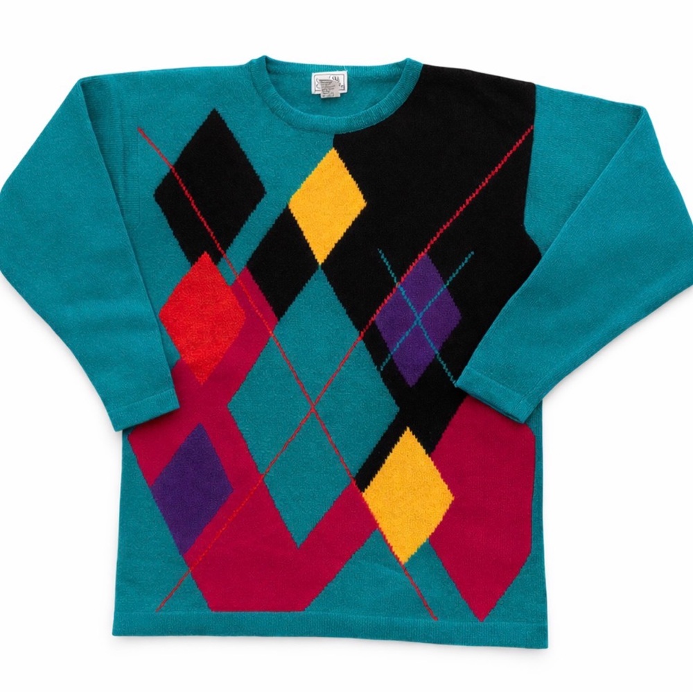Vintage 80s Casual Corner Teal and Multicolor lambs wool and angora Sweater